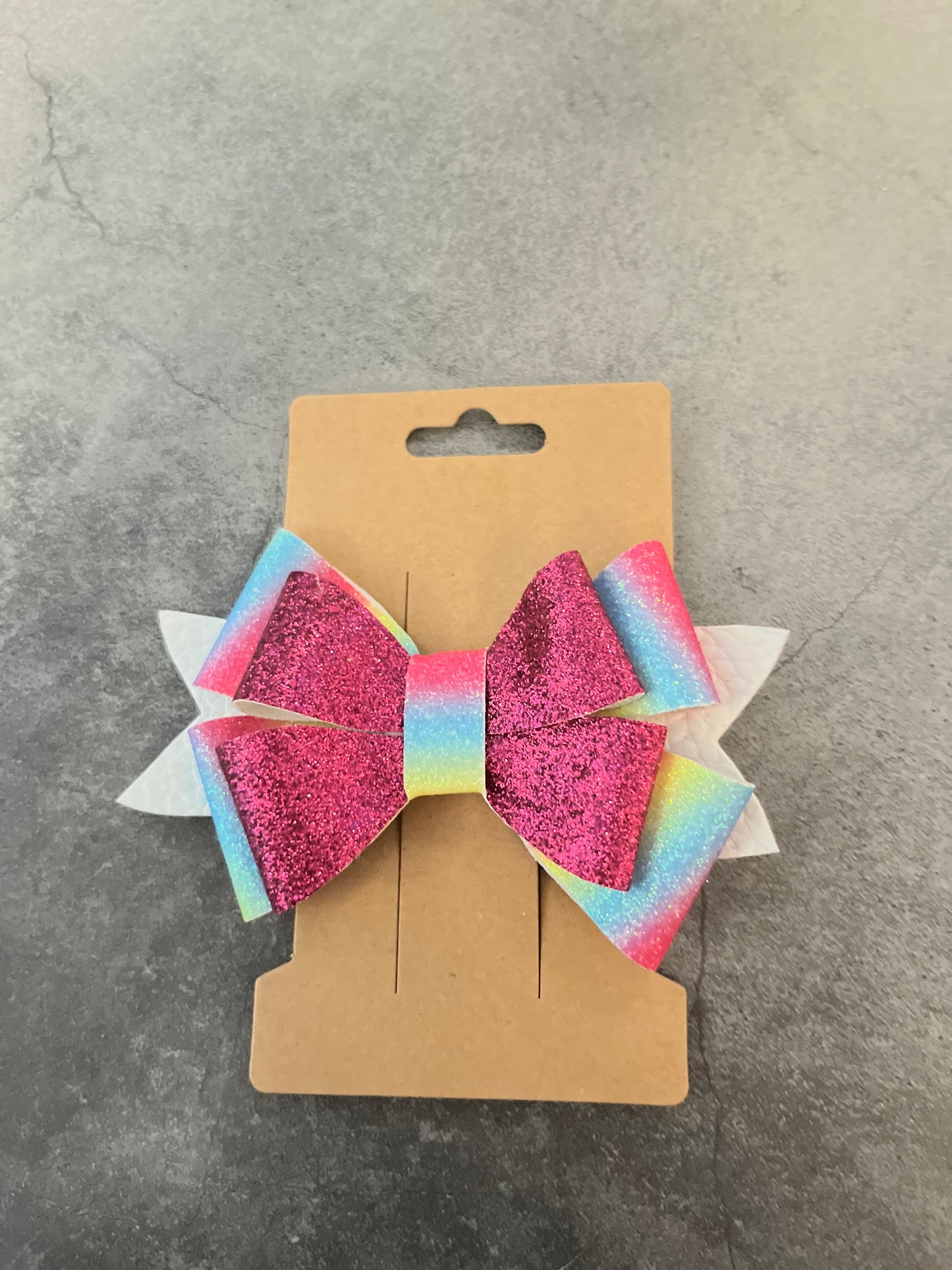 Handmade Hair Bow - Rainbow/ Dark Pink