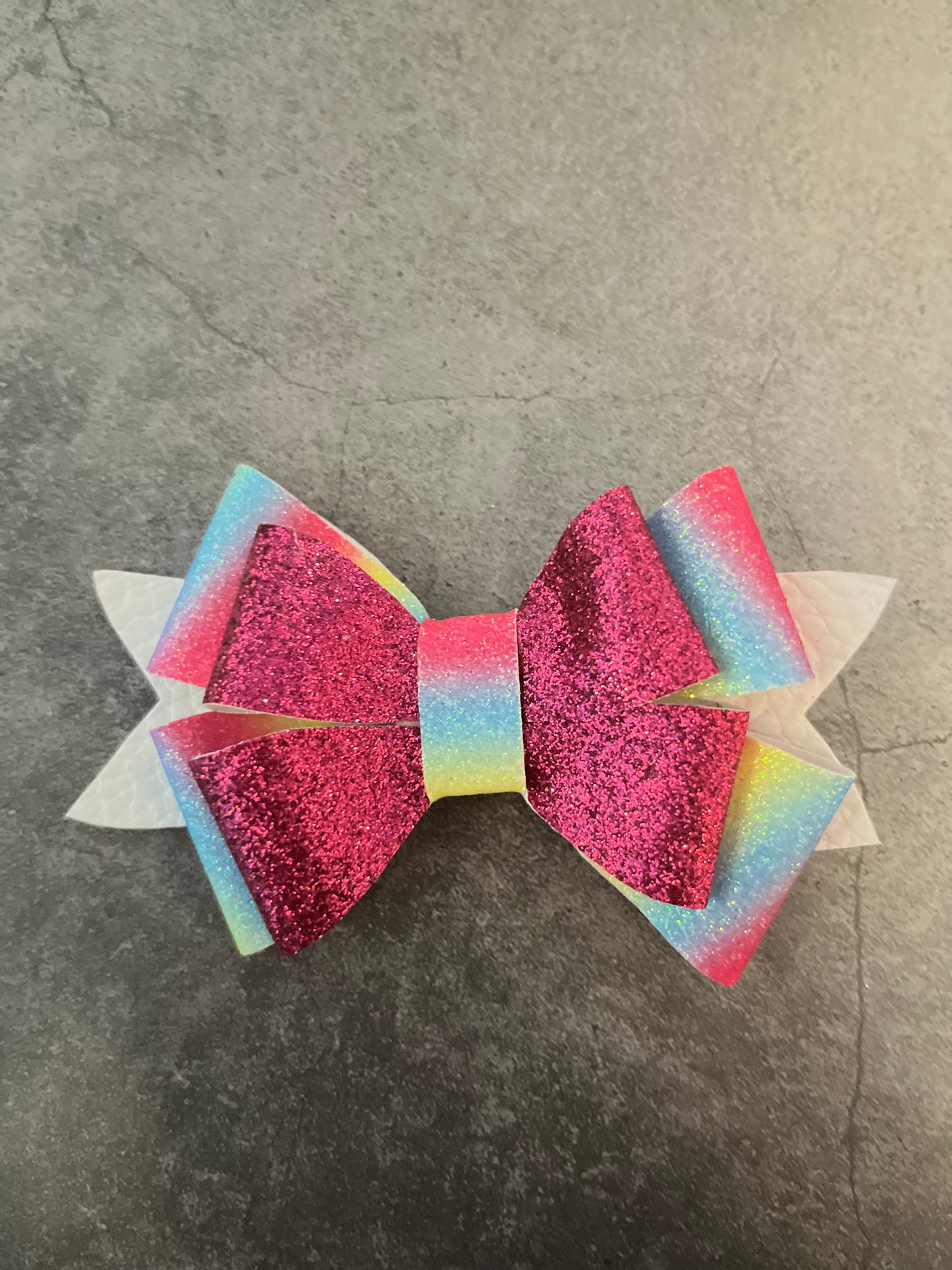 Handmade Hair Bow - Rainbow/ Dark Pink
