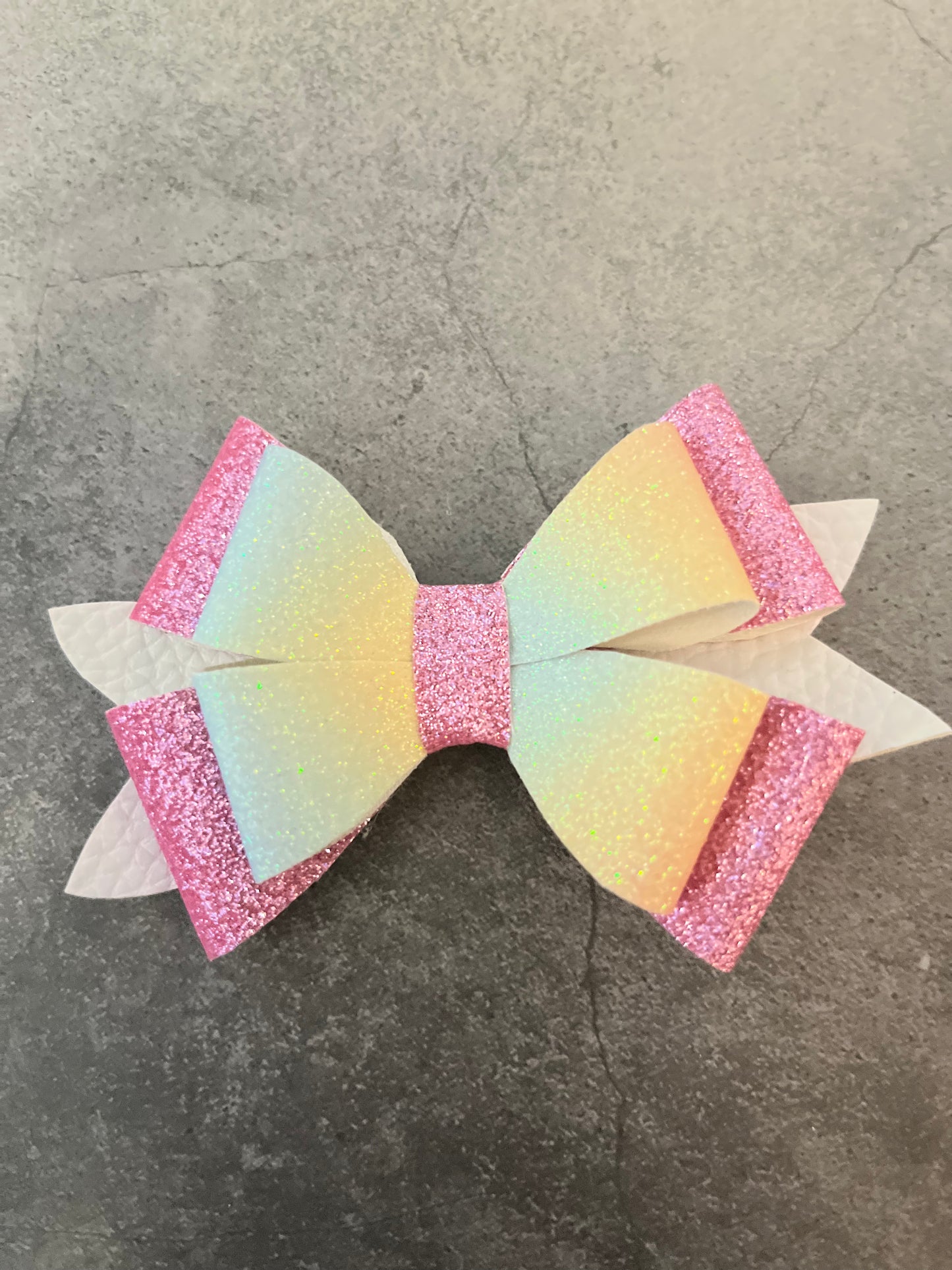 Handmade Hair Bow - Light Rainbow- Pink/ White