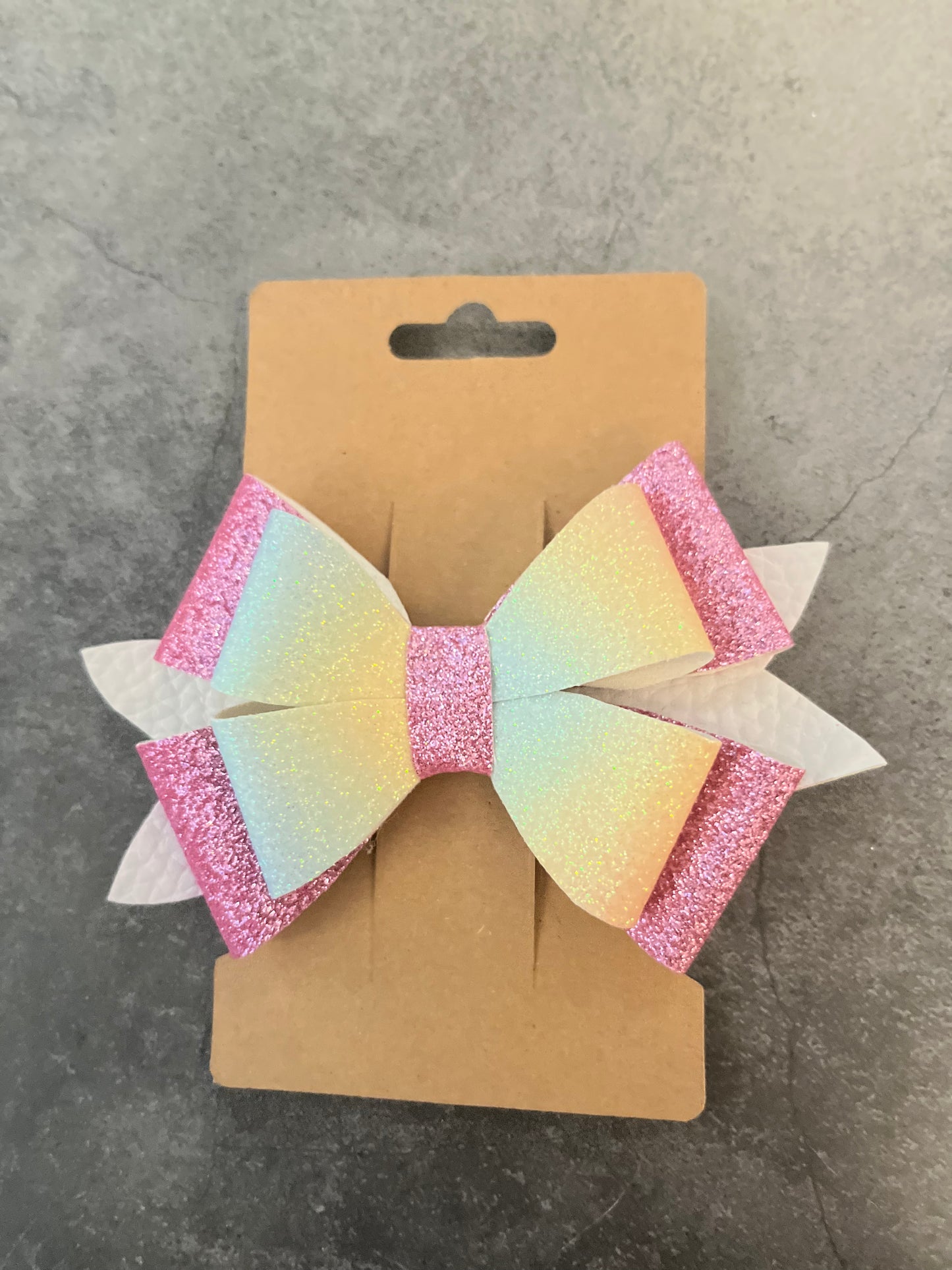 Handmade Hair Bow - Light Rainbow- Pink/ White