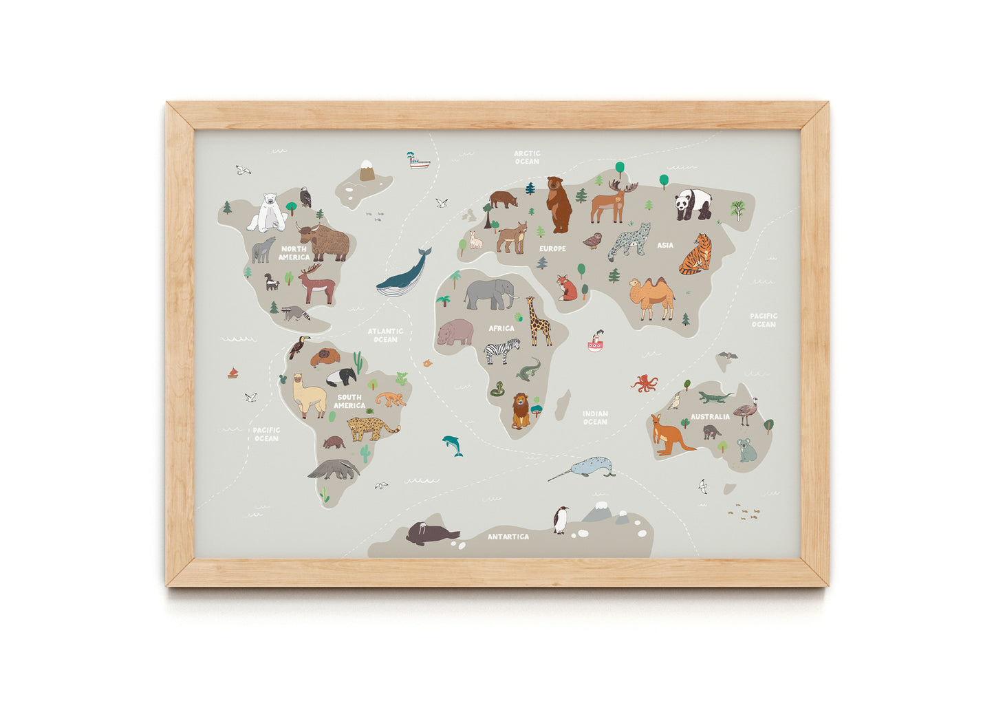 Grey Animal World Map A4