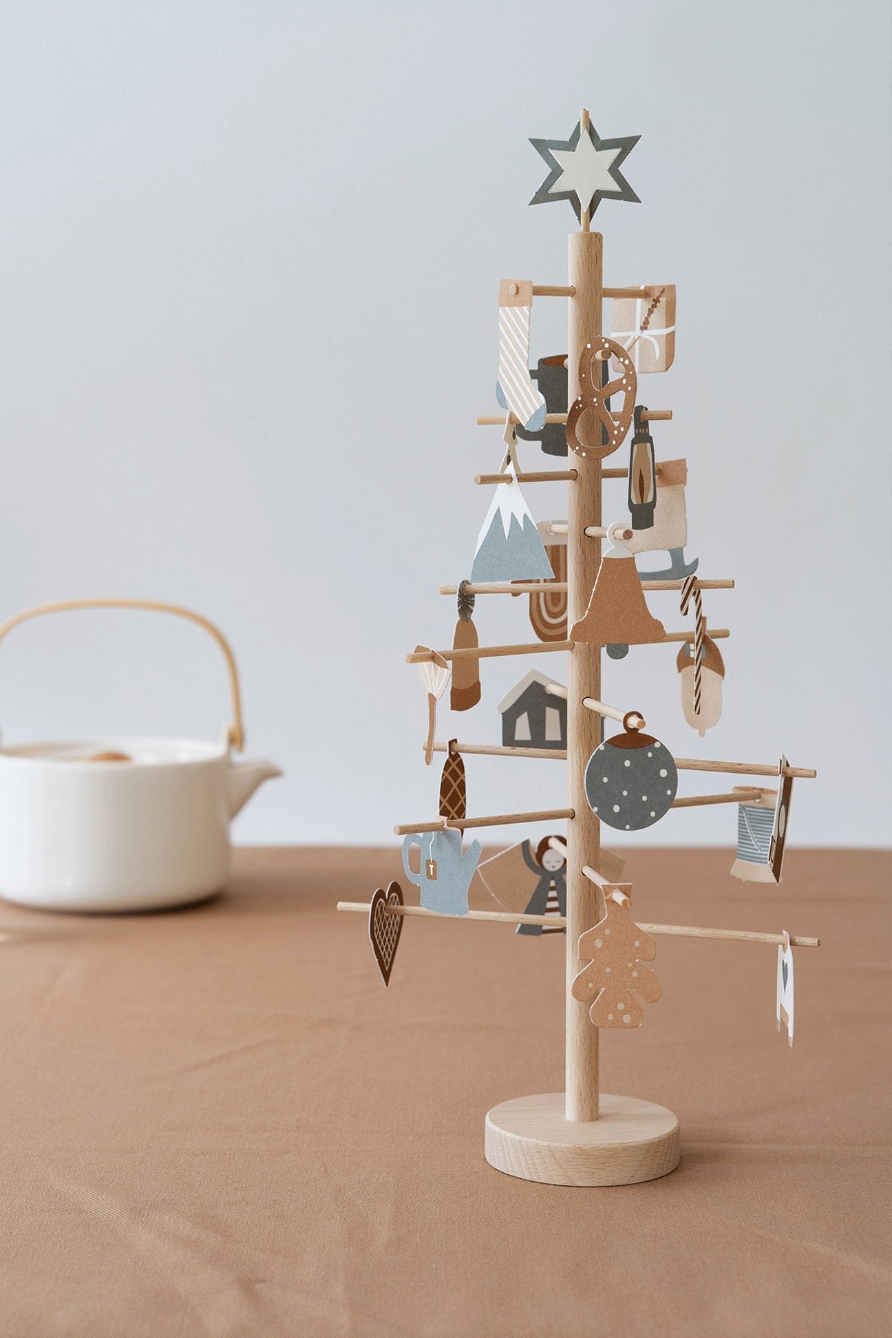Wooden ADVENT tree with paper decorations - Natural