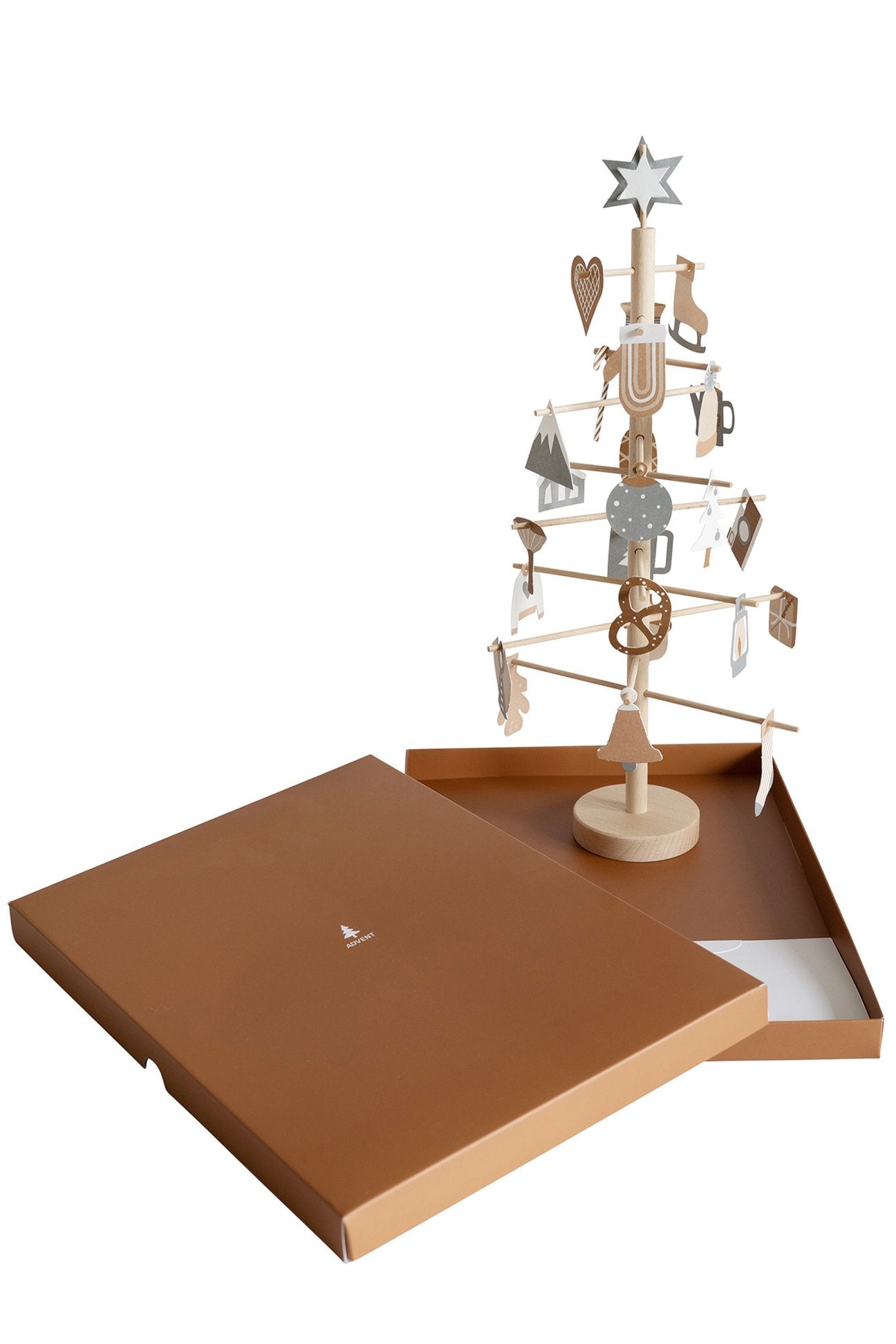 Wooden ADVENT tree with paper decorations - Natural