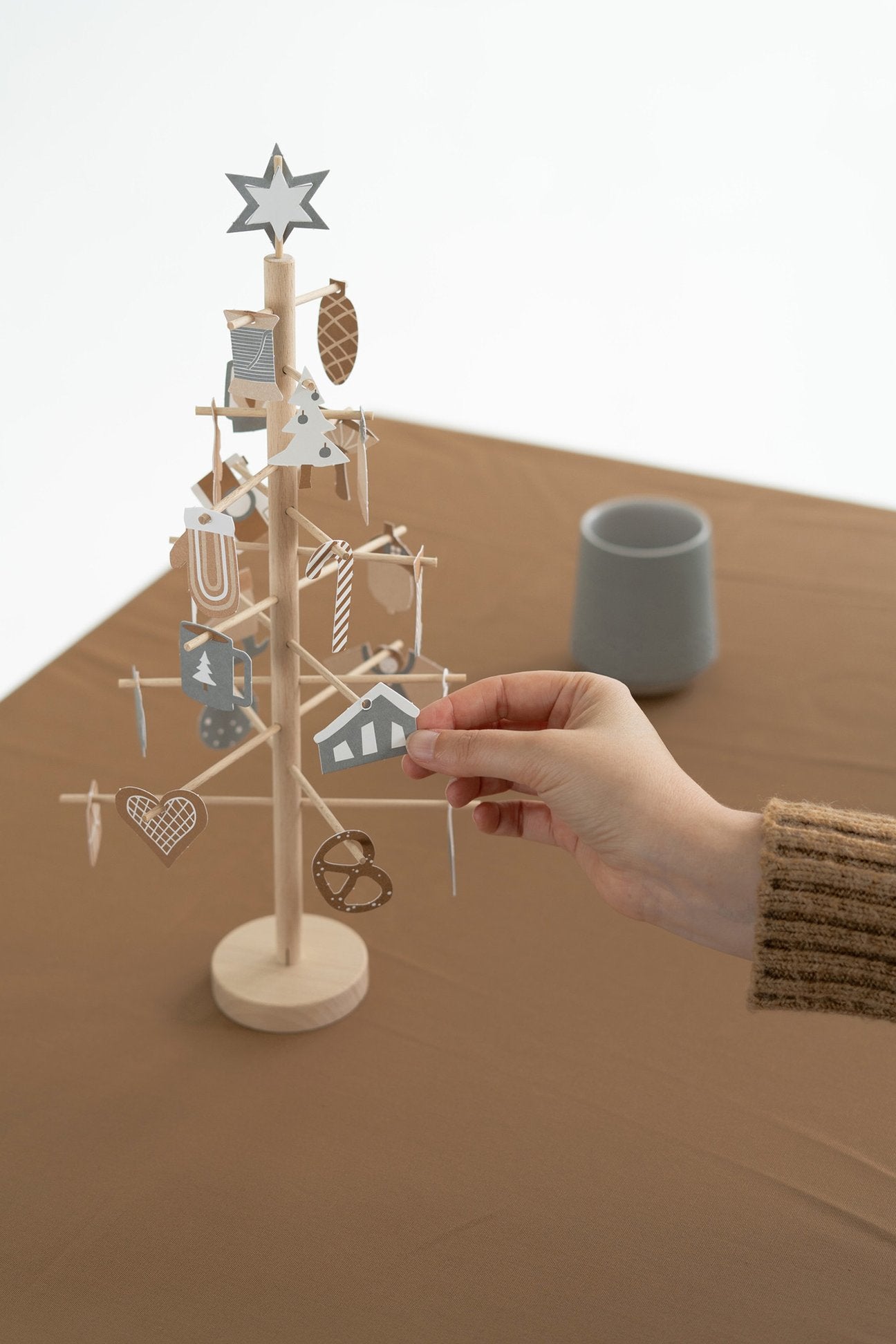 Wooden ADVENT tree with paper decorations - Natural