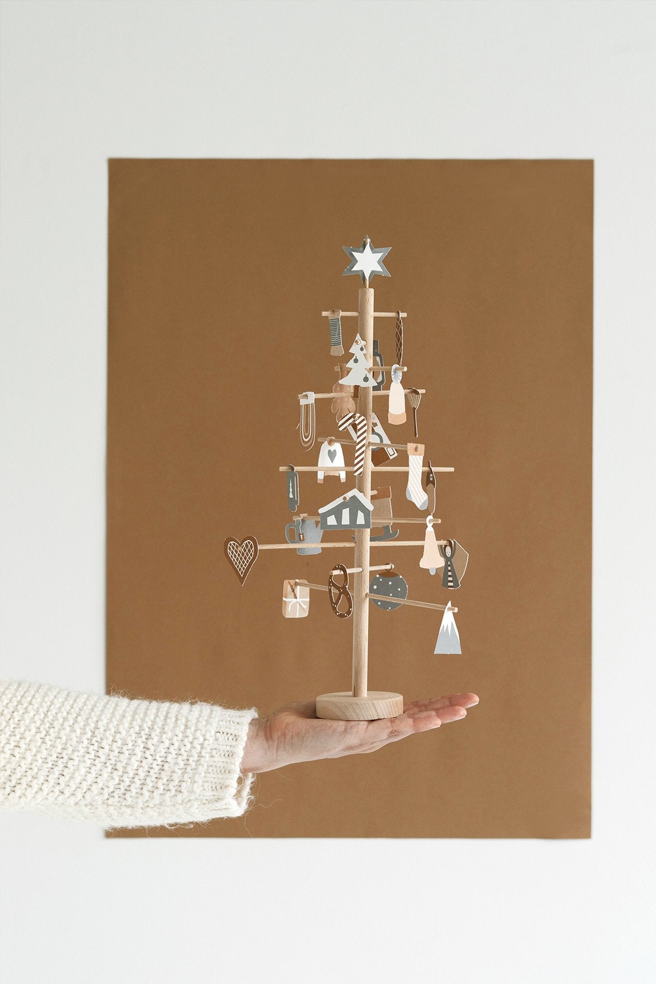 Wooden ADVENT tree with paper decorations - Natural