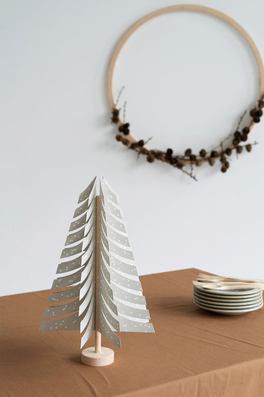 Wood and paper FIR tree decoration in light grey